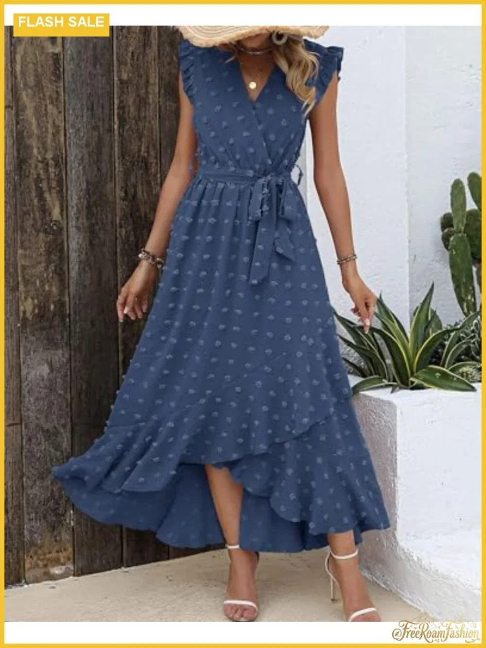 Swiss Dot Maxi Dress Sleeveless V-Neck Ruffle Hem Wedding Guest